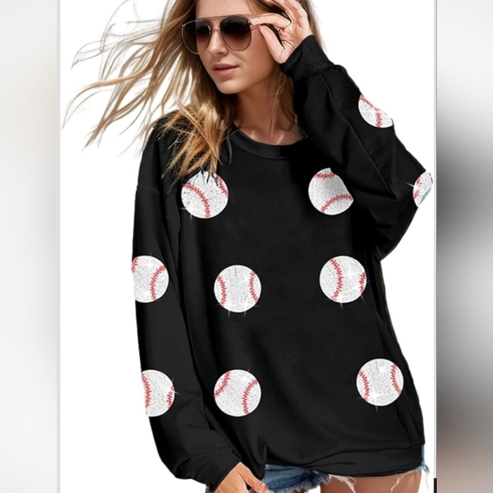 Casual Larger Baggy Crewneck Sequins Baseball Sweatshirt